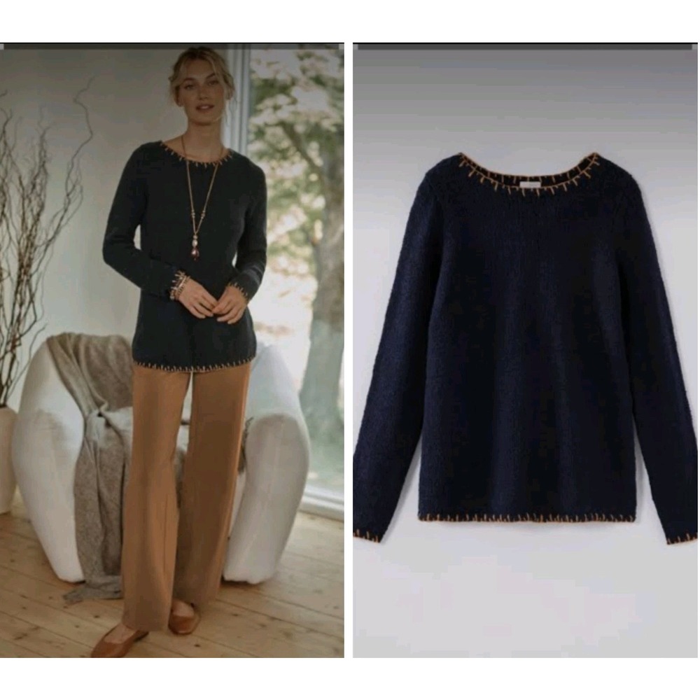 Pure Jill Women's Petite Medium Navy Long Sleeve Mixed Yarn Pullover Sweater